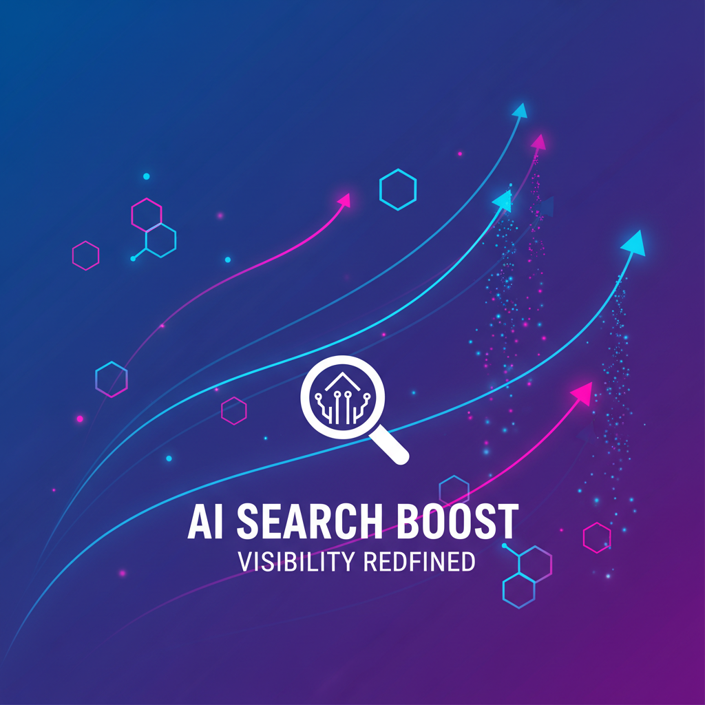 蓝紫渐变背景上的 AI Search Boost 字样和上升箭头图形