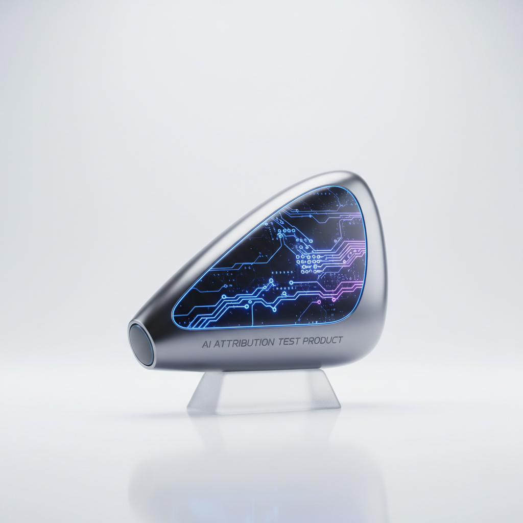 Silver display object with glowing blue circuit panel and AI attribution text