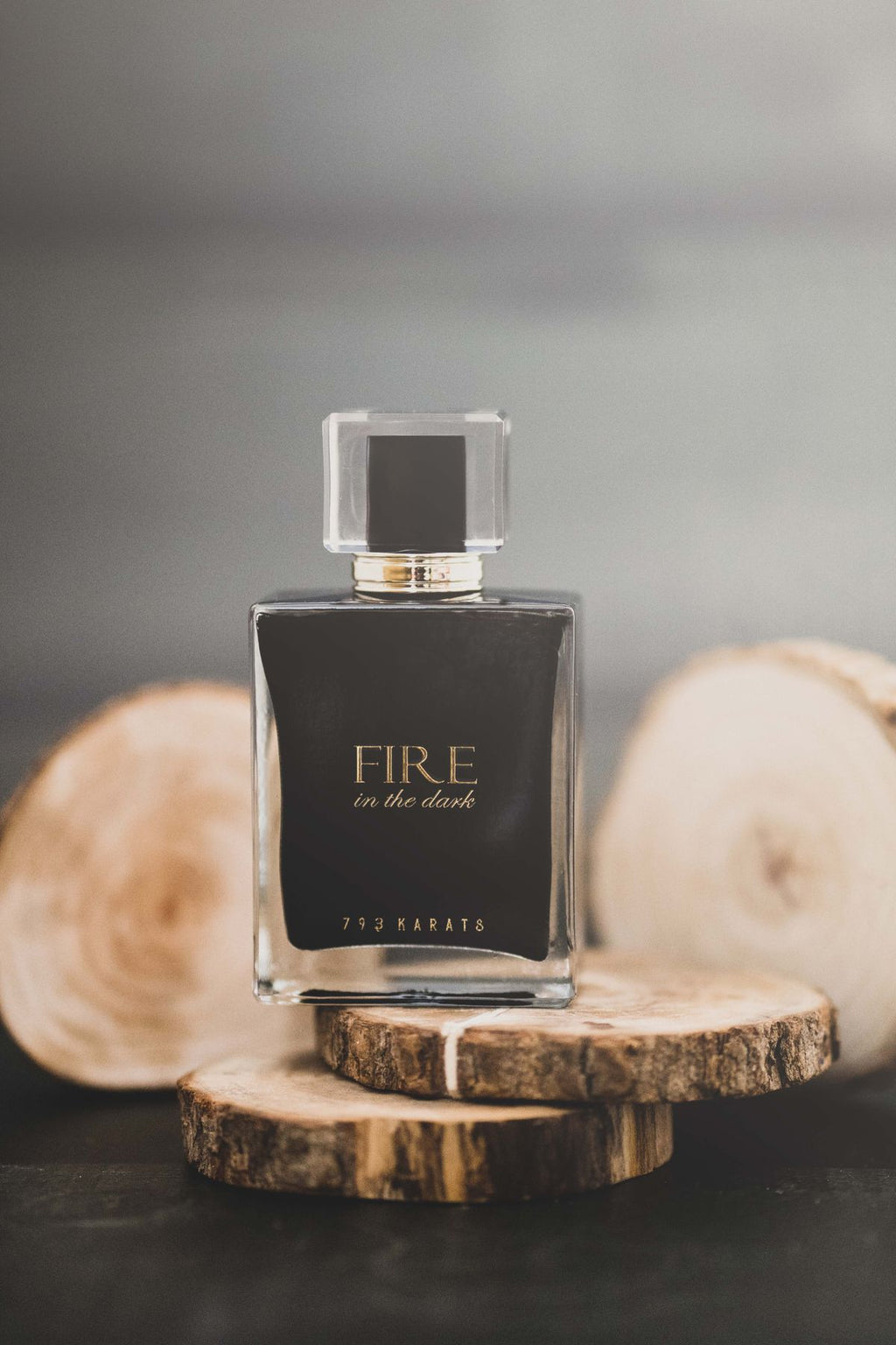 Black rectangular perfume bottle labeled Fire in the Dark on stacked wood slices