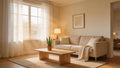 Sunlit living room with sheer curtains, beige sofa, coffee table, and potted plant