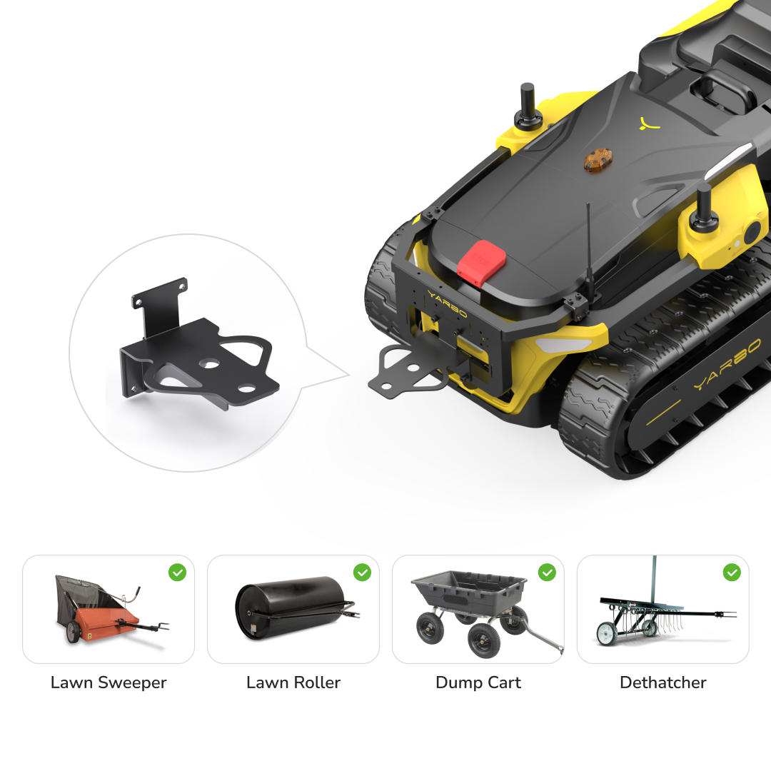 Robotic lawn mower rear tow hitch bracket with compatible yard attachments shown below
